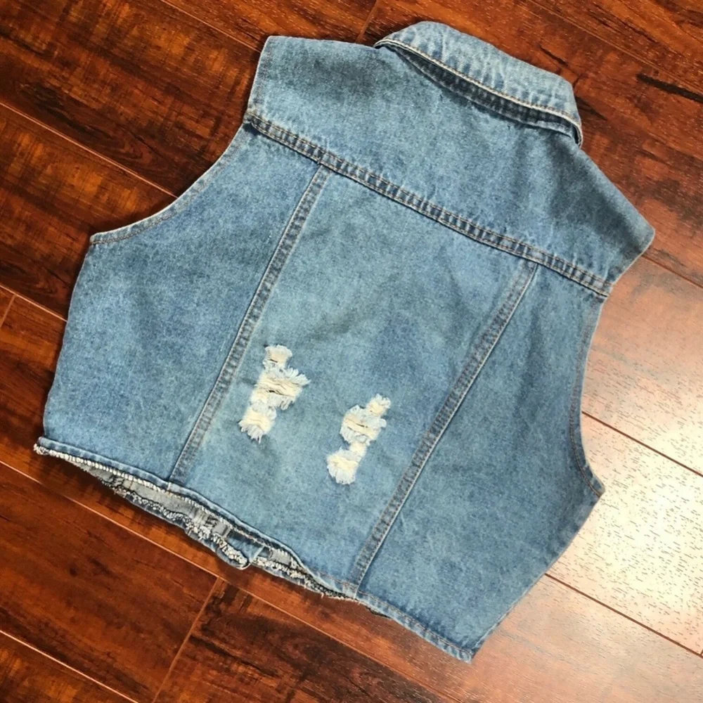 Light Blue Destroyed Cropped Jean Vest Top
